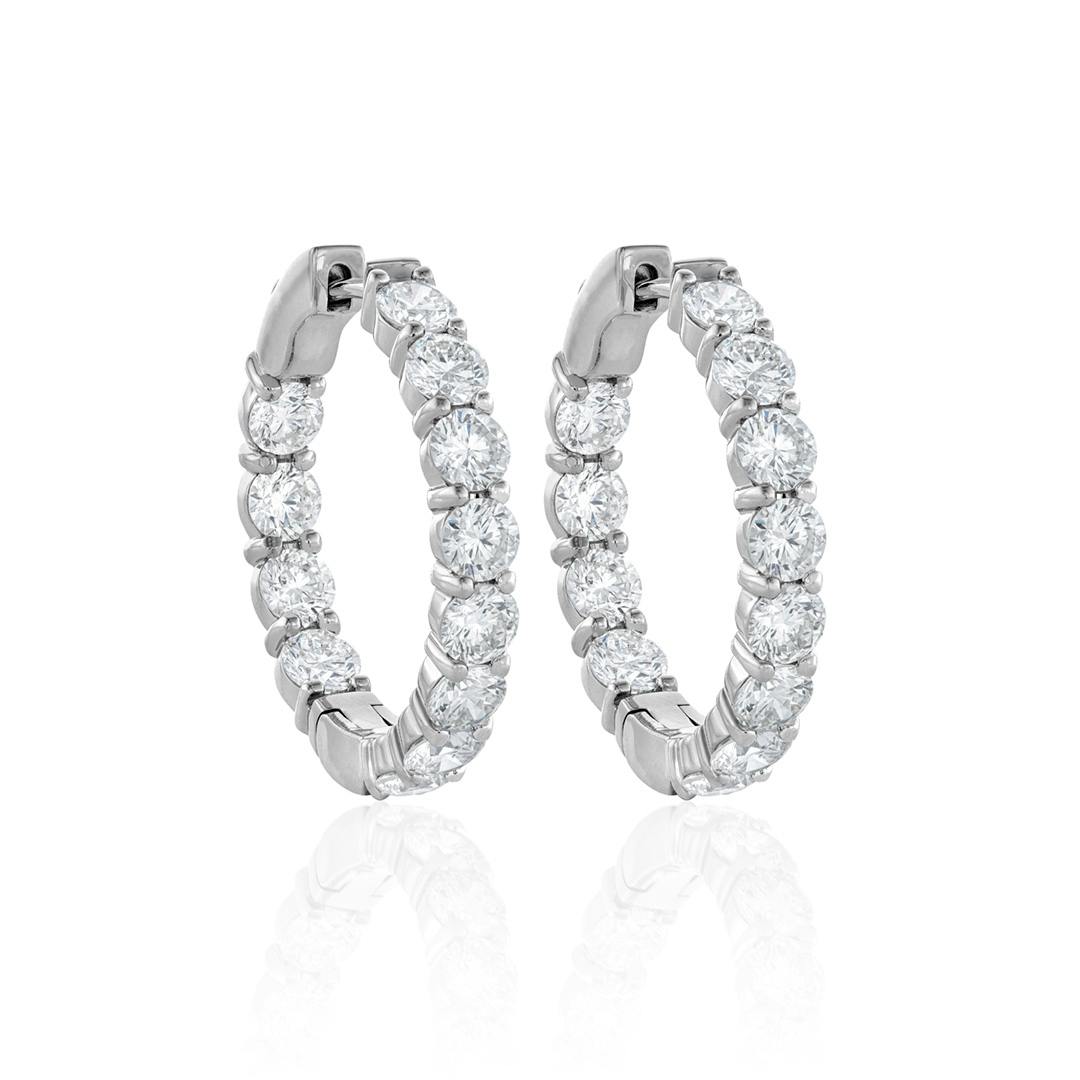 Six Carat Round Diamond In Out Hoop Earrings in White Gold