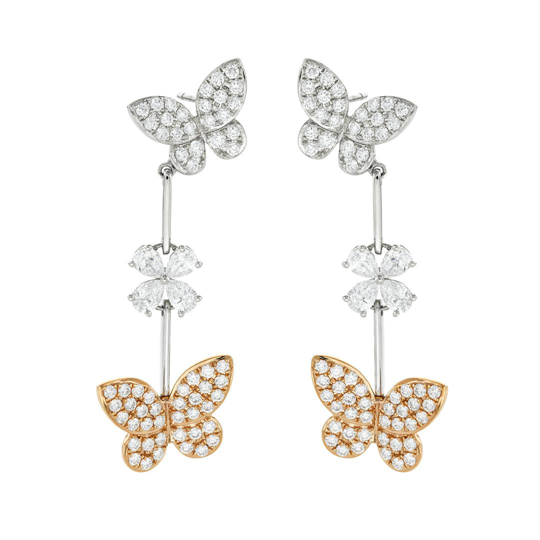 White and Rose Gold Butterfly Drop Diamond Earrings