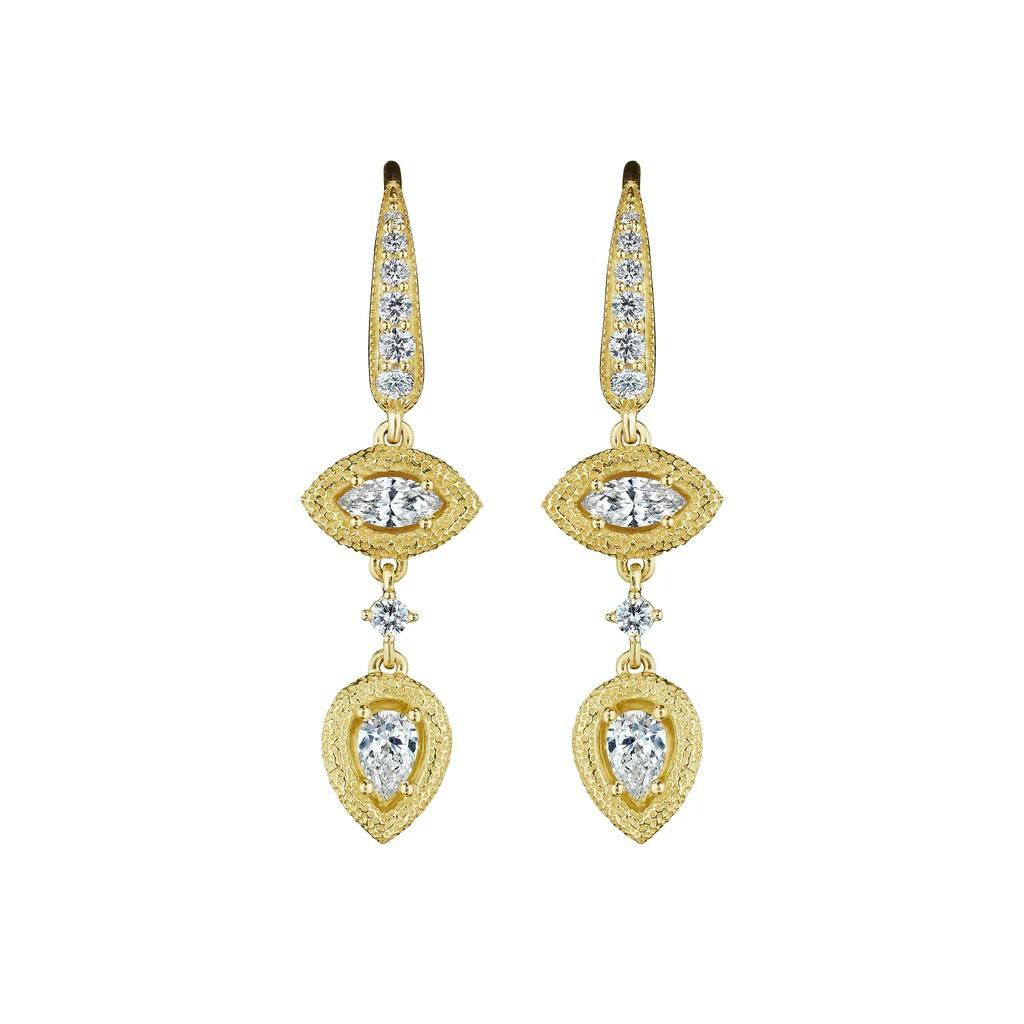 Penny Preville Yellow Gold Long Antique Amulet Marquise and Pear Diamond Drop Earrings