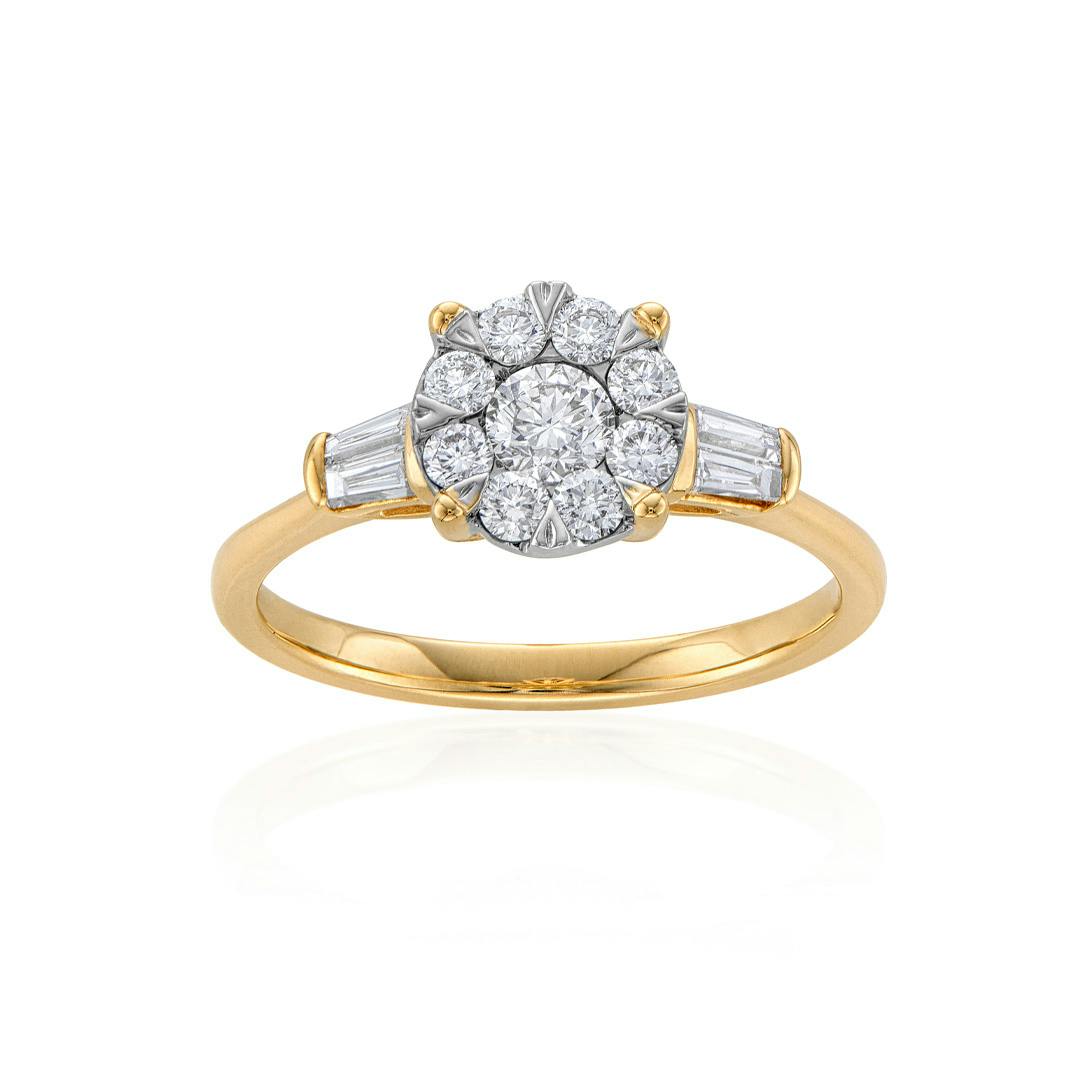 Round Cluster Yellow Gold Diamond Engagement Ring with Baguettes 0