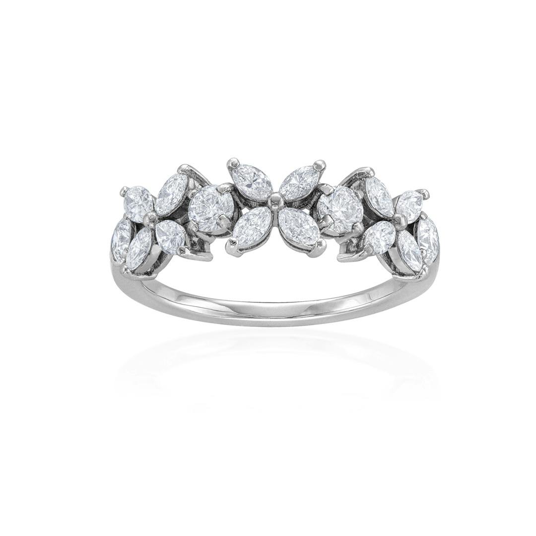 Round and Marquise Diamond Floral White Gold Band