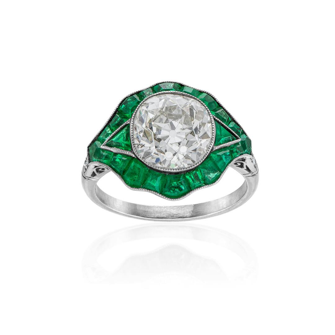 Estate Collection Emerald and Diamond Reproduction Platinum Engagement Ring 0