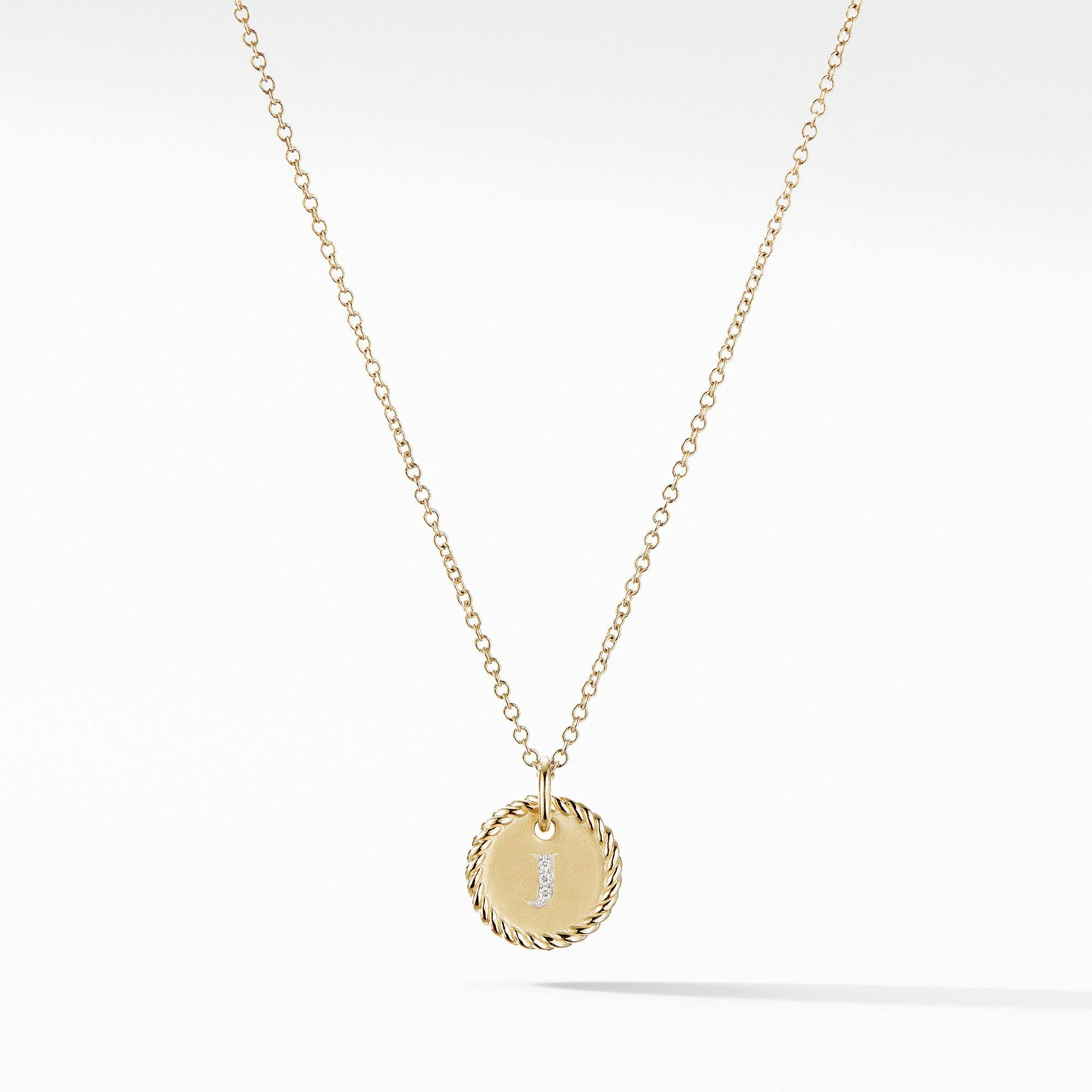 David Yurman "J" Initial Charm Necklace in 18k Yellow Gold with Diamonds