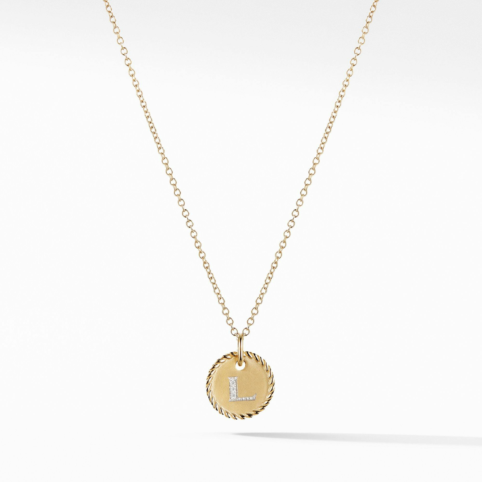 David Yurman "L" Initial Charm Necklace in 18k Yellow Gold with Diamonds