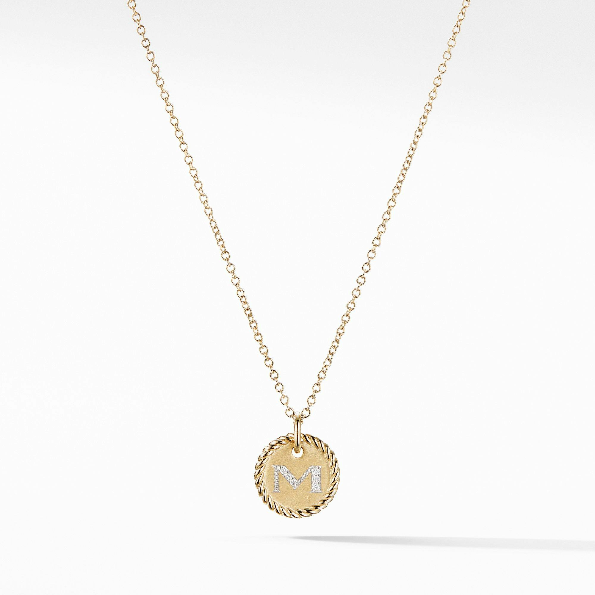 David Yurman "M" Initial Charm Necklace in 18k Yellow Gold with Diamonds