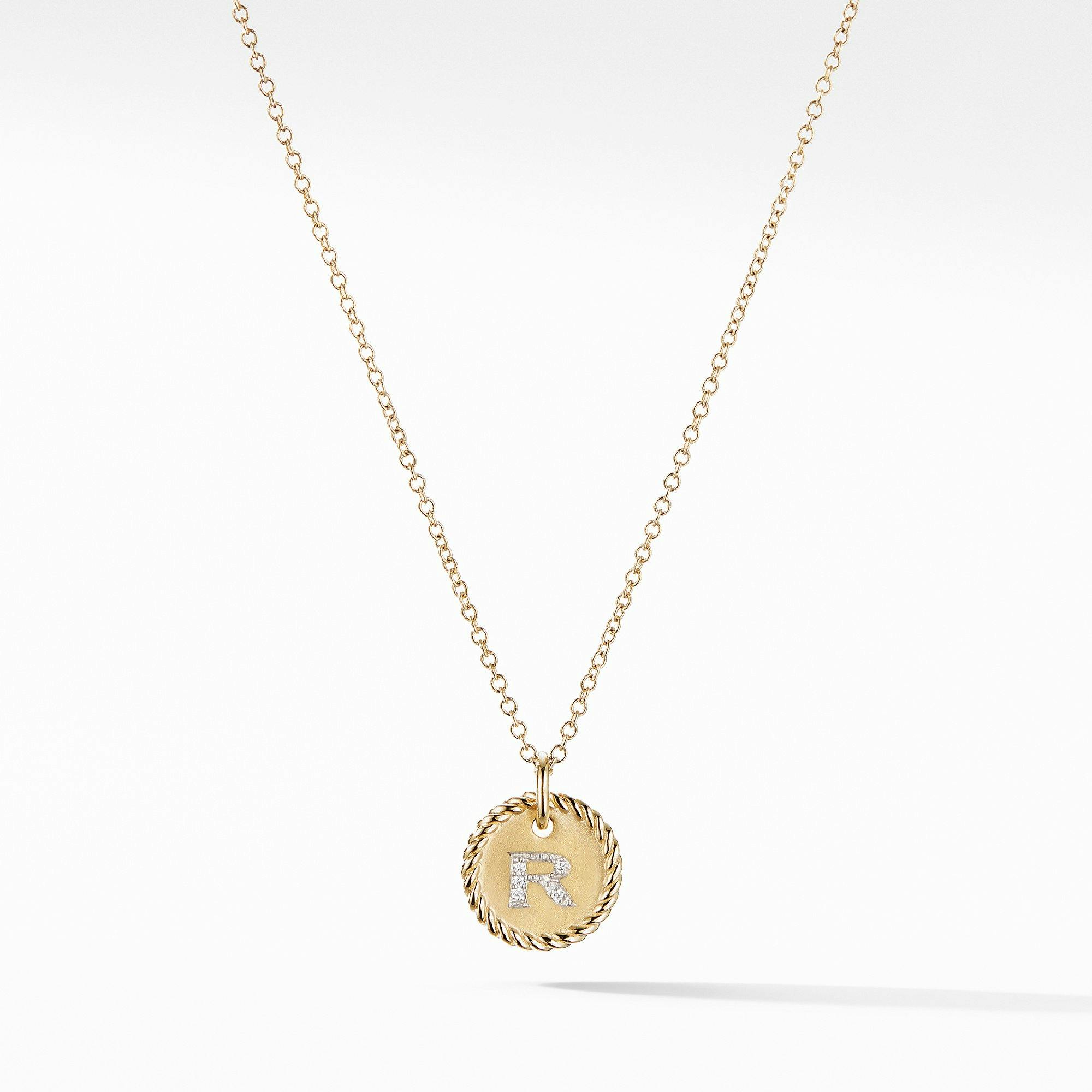 David Yurman "R" initial Charm Necklace with Diamonds in Yellow Gold