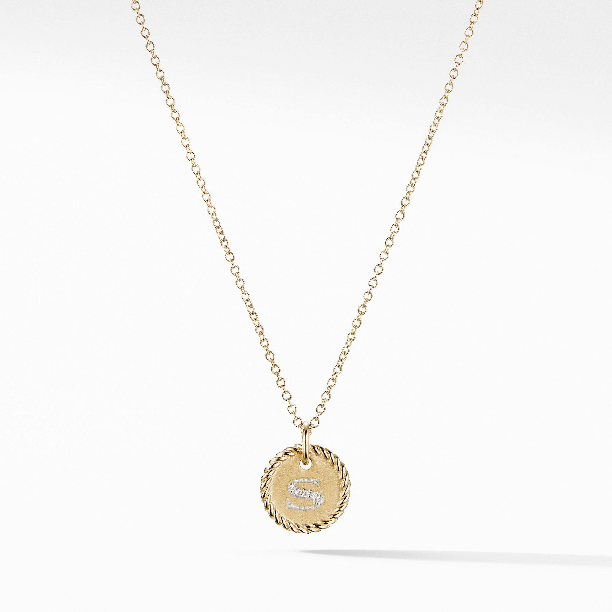 David Yurman "S" Initial Charm Necklace in 18k Yellow Gold with Diamonds