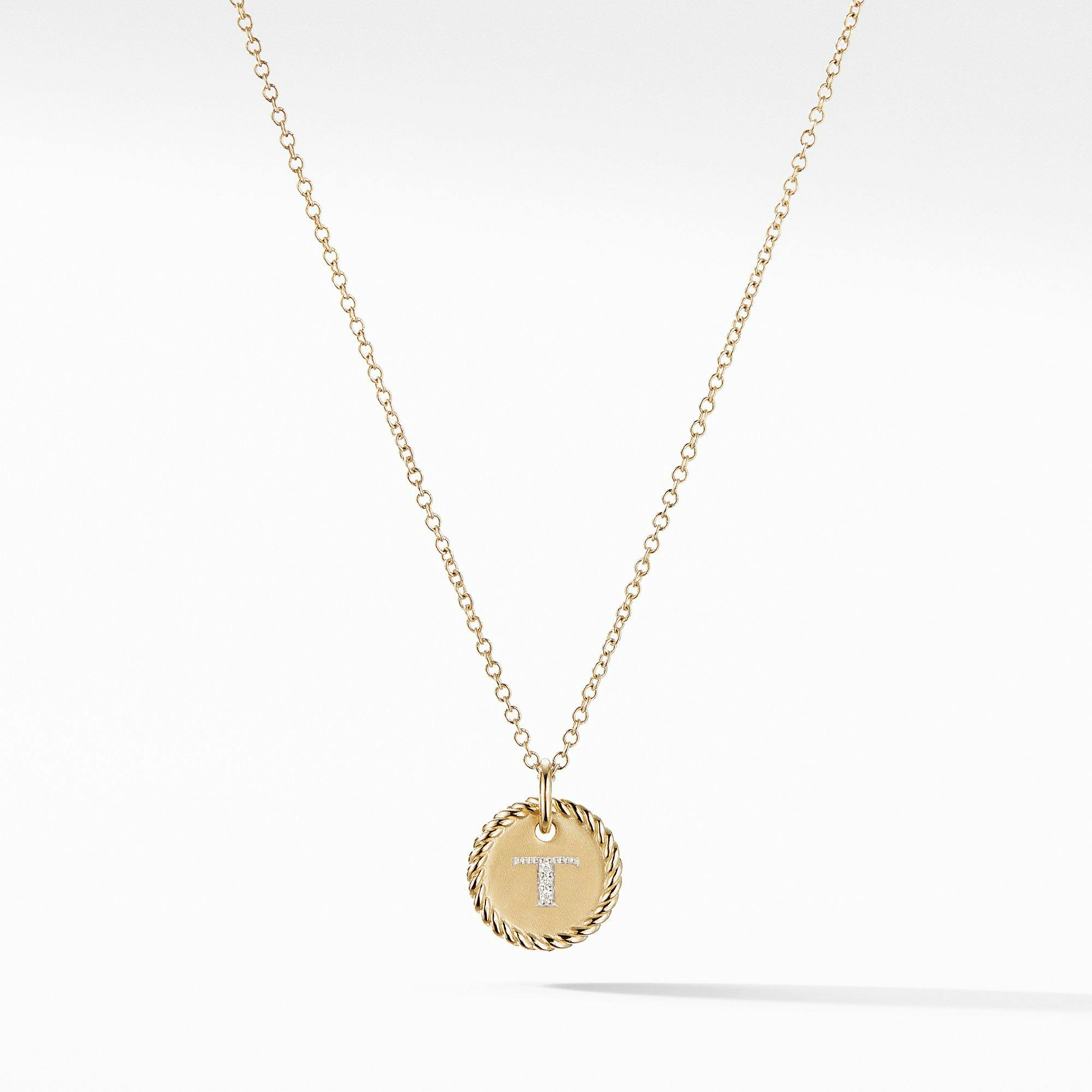David Yurman "T" Initial Charm Necklace in 18k Yellow Gold with Diamonds