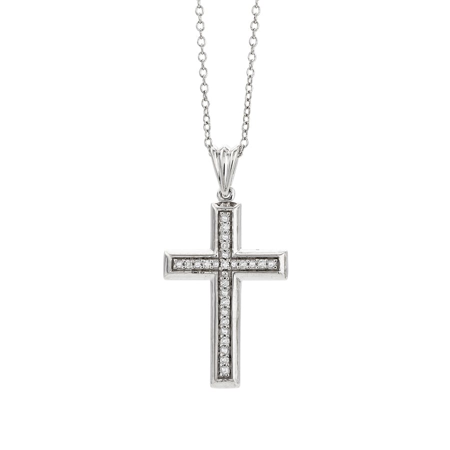 Sterling Silver Pave Diamond Polished Cross Necklace