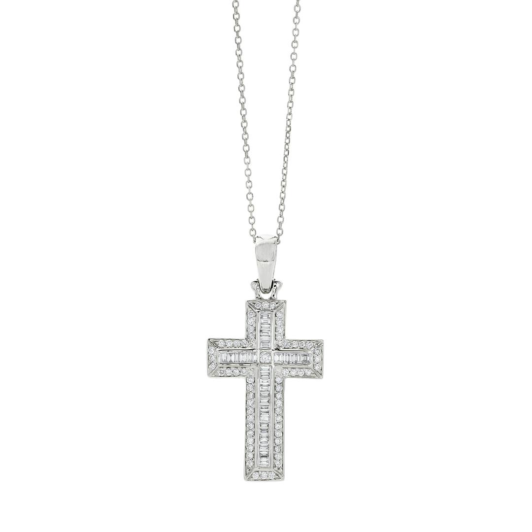 14K White Gold Baguette and Round Diamond Cross Necklace