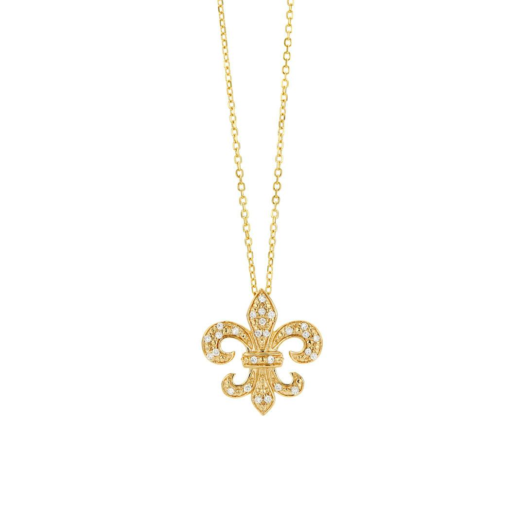 14k Yellow Gold Fleur de Lis Pendant Necklace with Diamonds