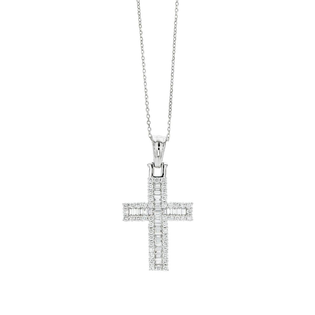 .95 CTW Baguette and Round Diamond Cross Pendant Necklace