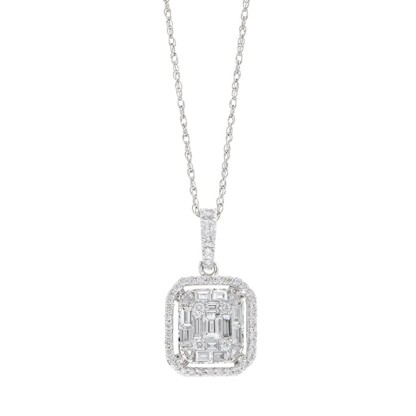 White Gold 0.96 CTW Diamond Cluster Pendant Necklace
