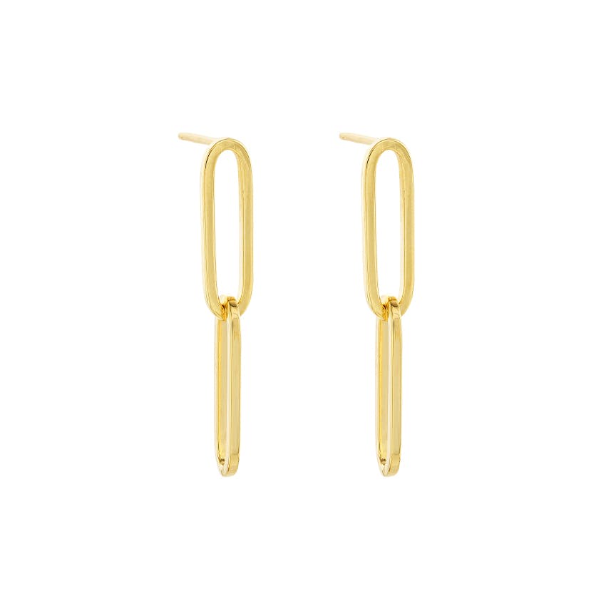 14K Yellow Gold Paperclip Dangle Earring | Front and Side View