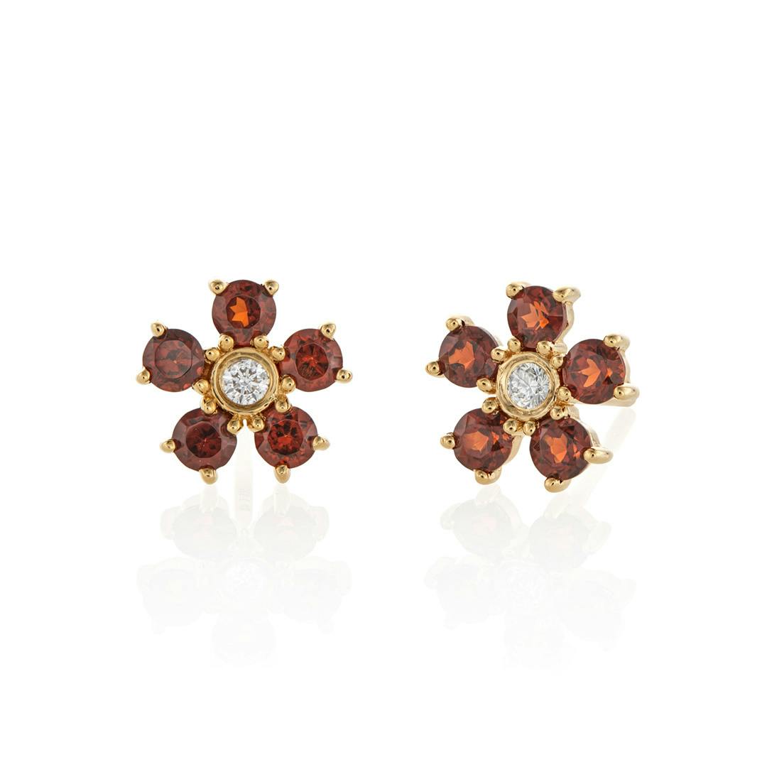 Garnet and Diamond Yellow Gold Flower Stud Earrings