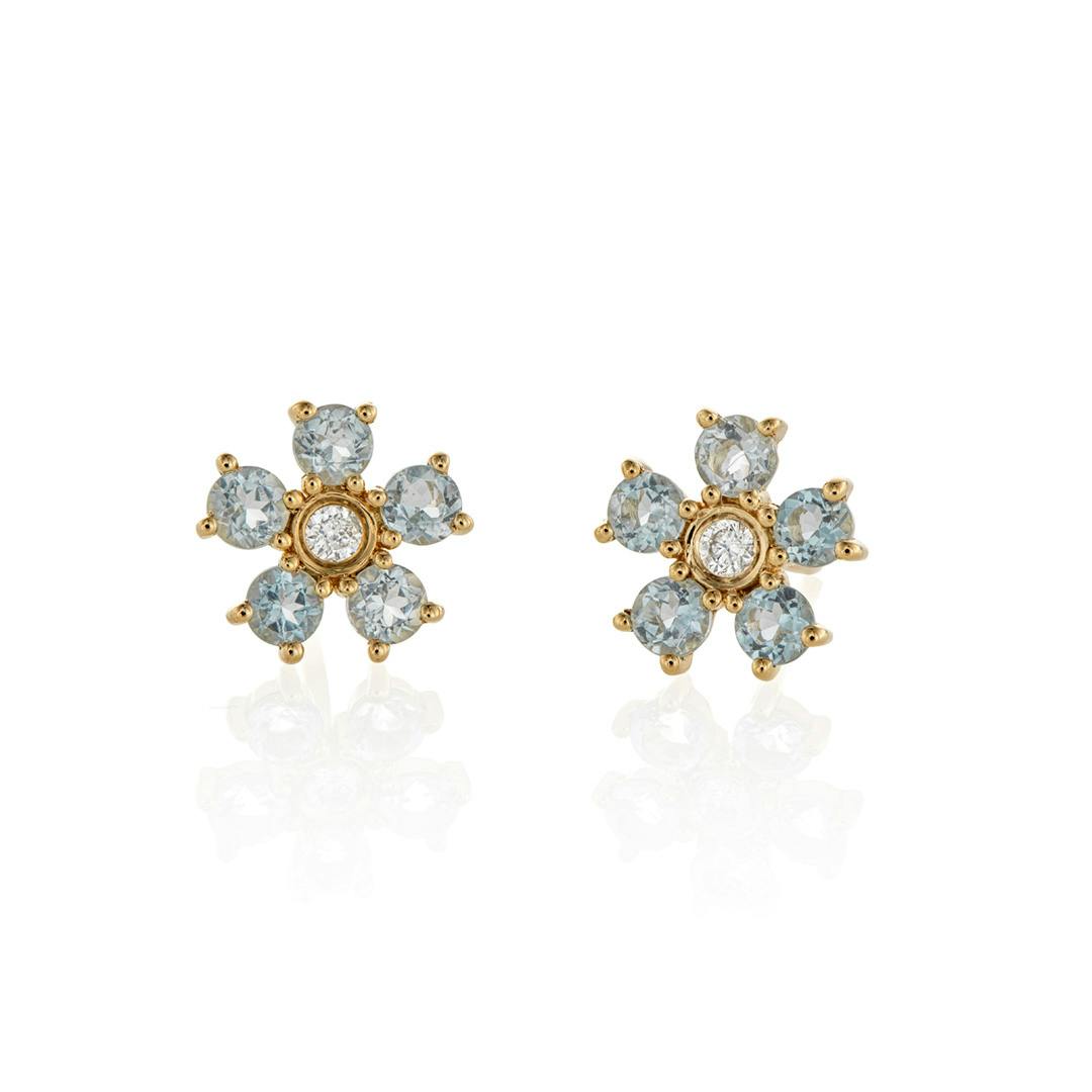 Aquamarine and Diamond Yellow Gold Flower Stud Earrings