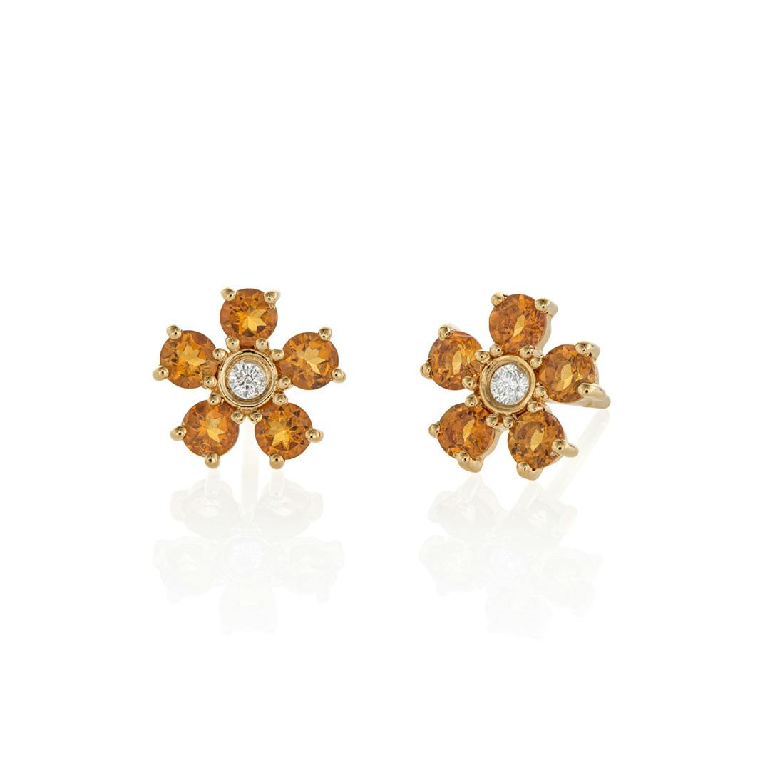 Citrine and Diamond Yellow Gold Flower Stud Earrings