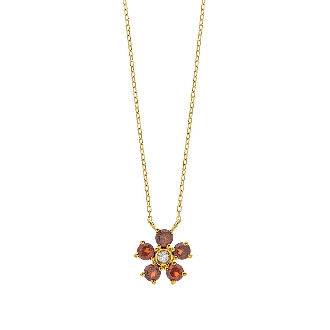 Garnet and Diamond Yellow Gold Flower Pendant Necklace 0