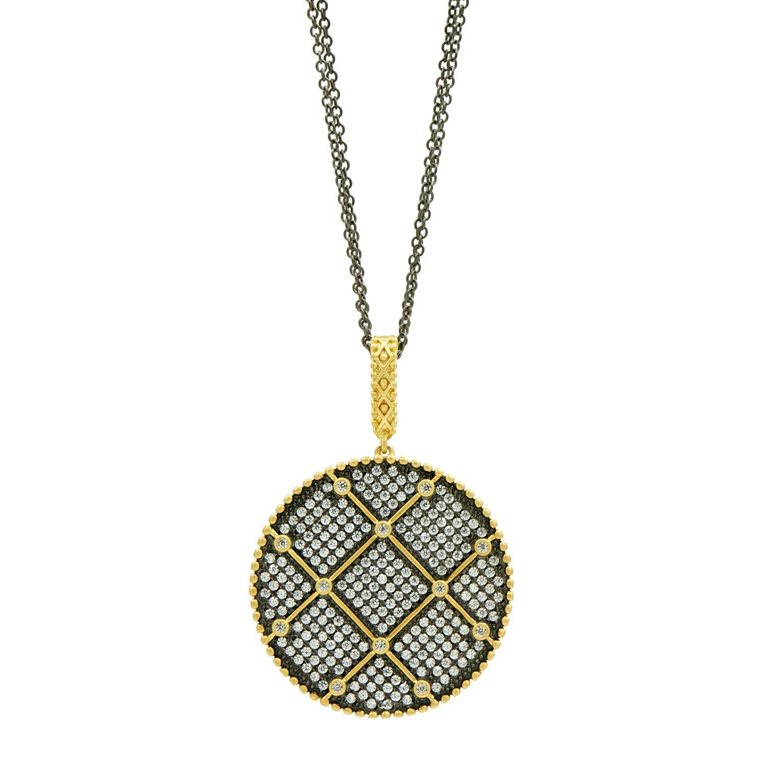 Freida Rothman Black and Gold Grid Large Disc Pendant Necklace 0