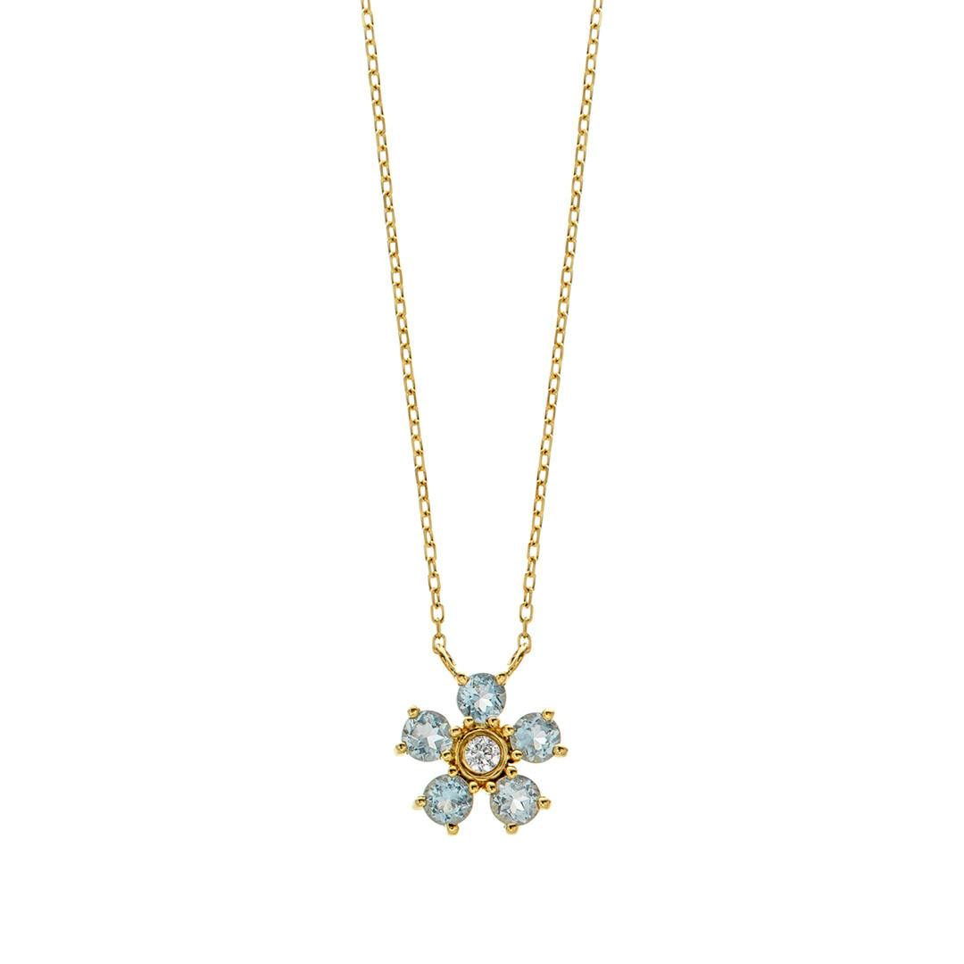 Aquamarine and Diamond Yellow Gold Flower Pendant Necklace
