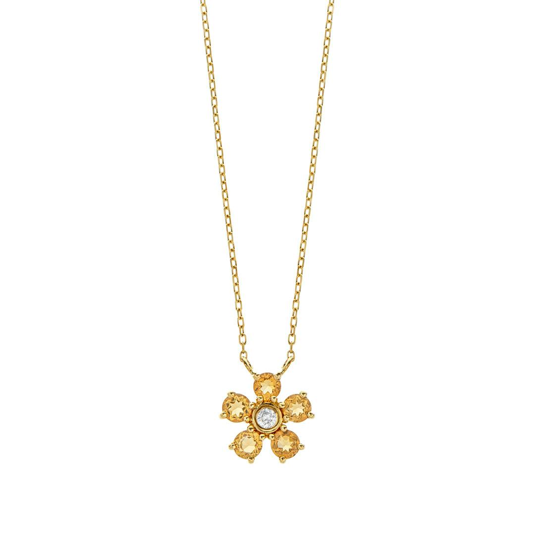 Citrine and Diamond Yellow Gold Flower Pendant Necklace