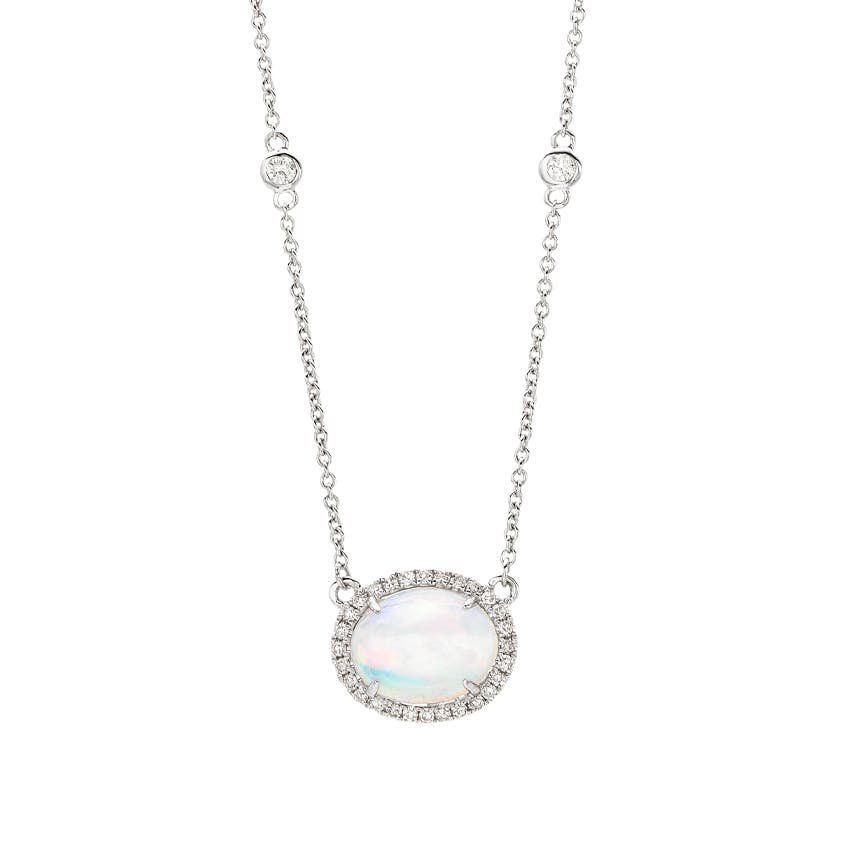 14K White Gold Oval Opal and Diamond Necklace