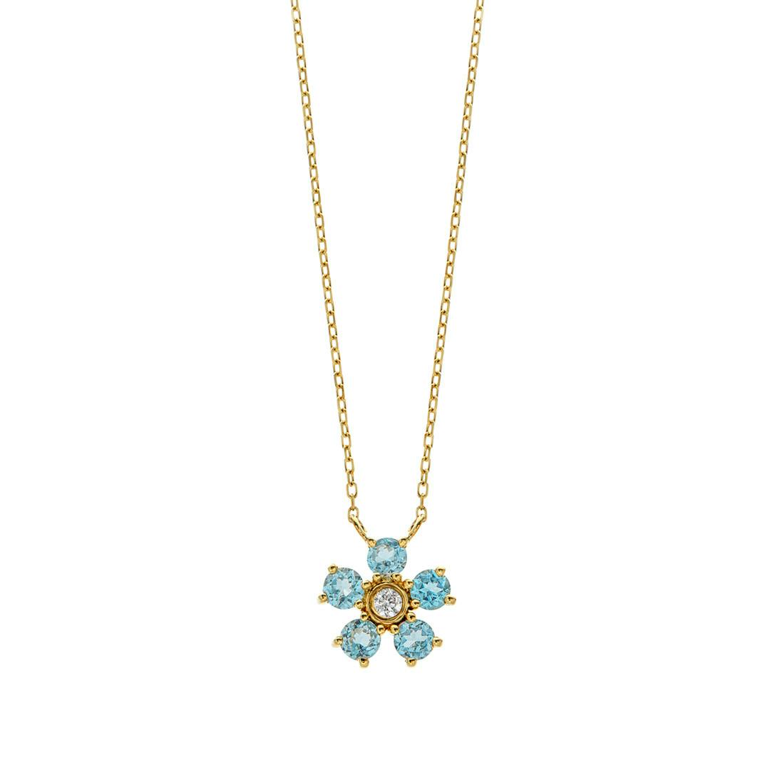 Blue Topaz and Diamond Yellow Gold Flower Pendant Necklace