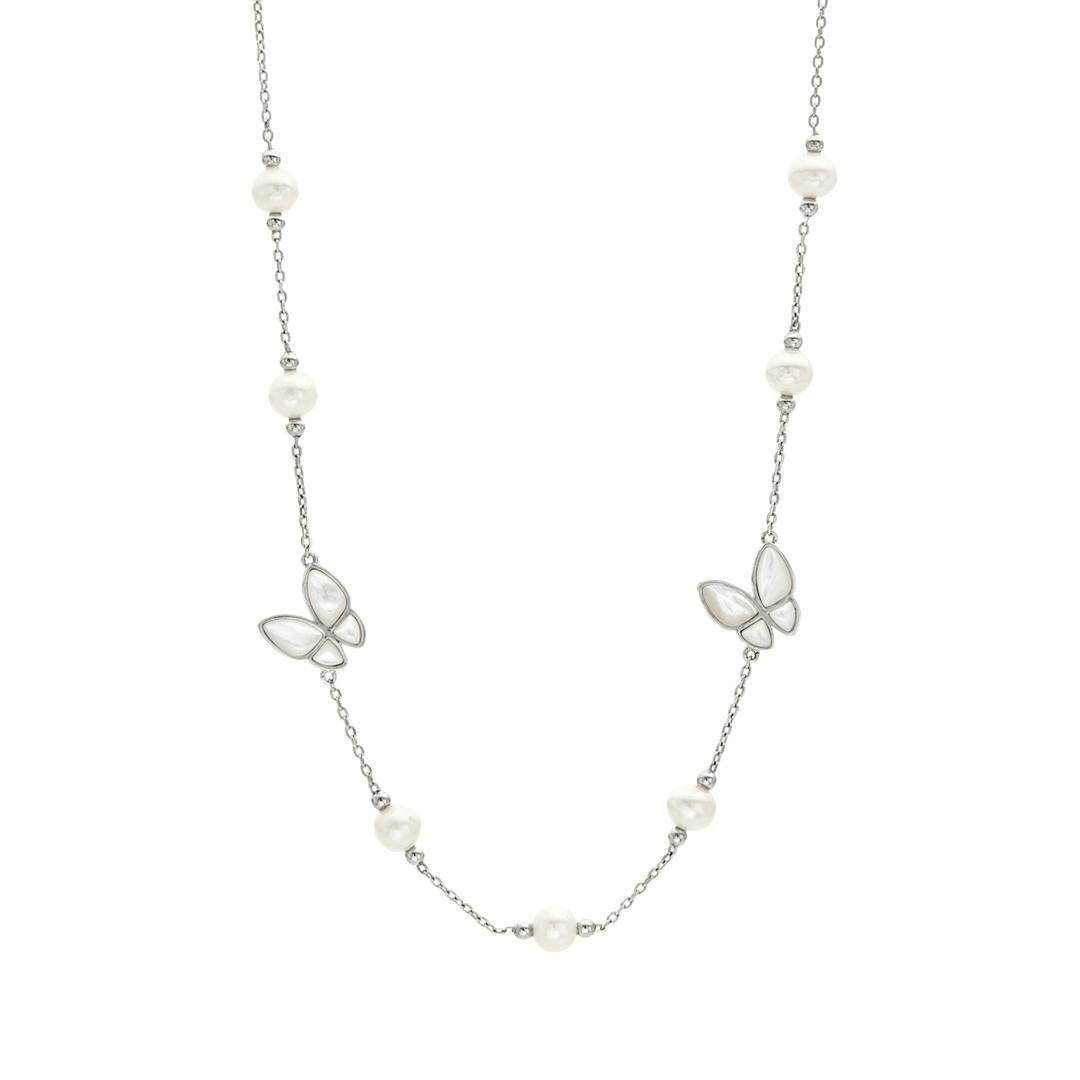Sterling Silver and Mother of Pearl Butterfly Station Necklace