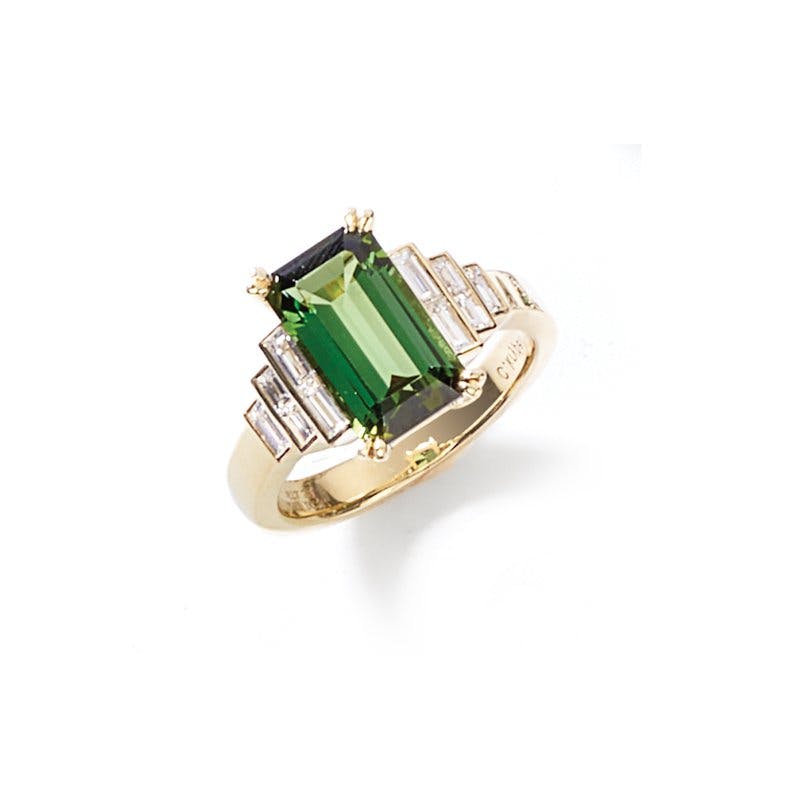 Charles Krypell Green Tourmaline and Diamond Yellow Gold Ring 0