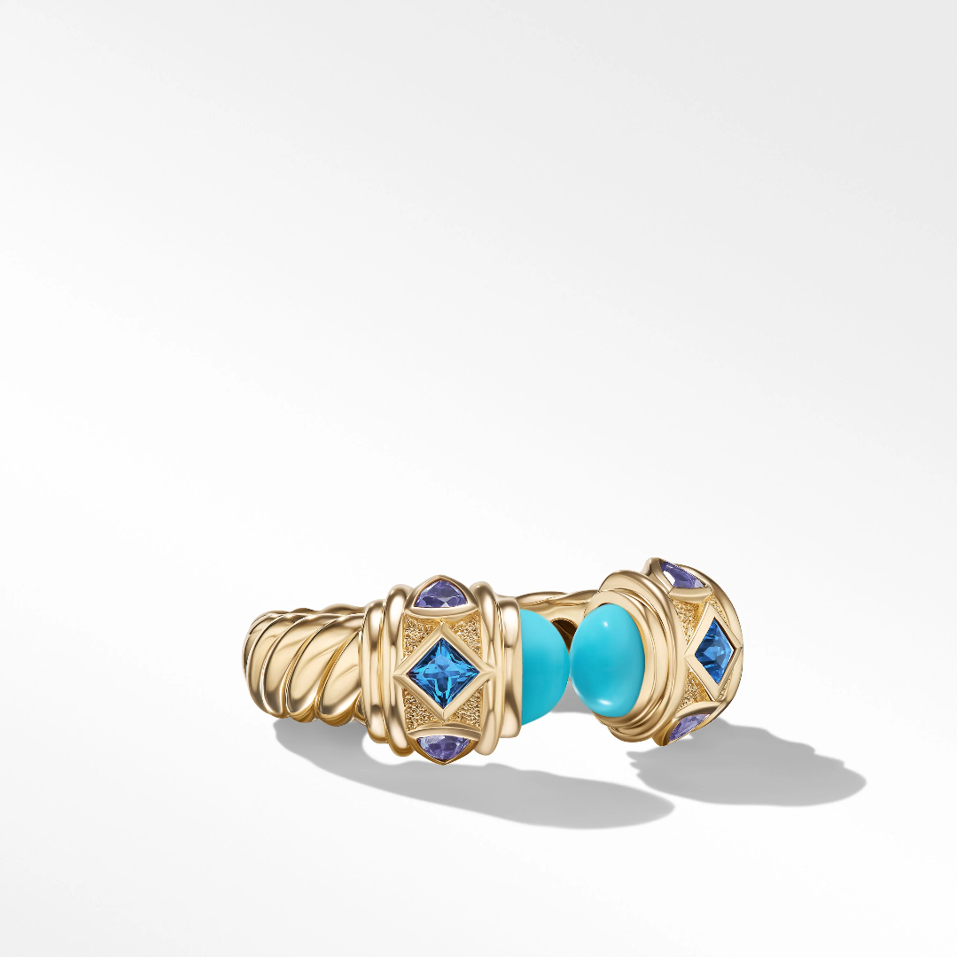 David Yurman Renaissance Color Ring with Turquoise and Hampton Blue Topaz, size 6.5
