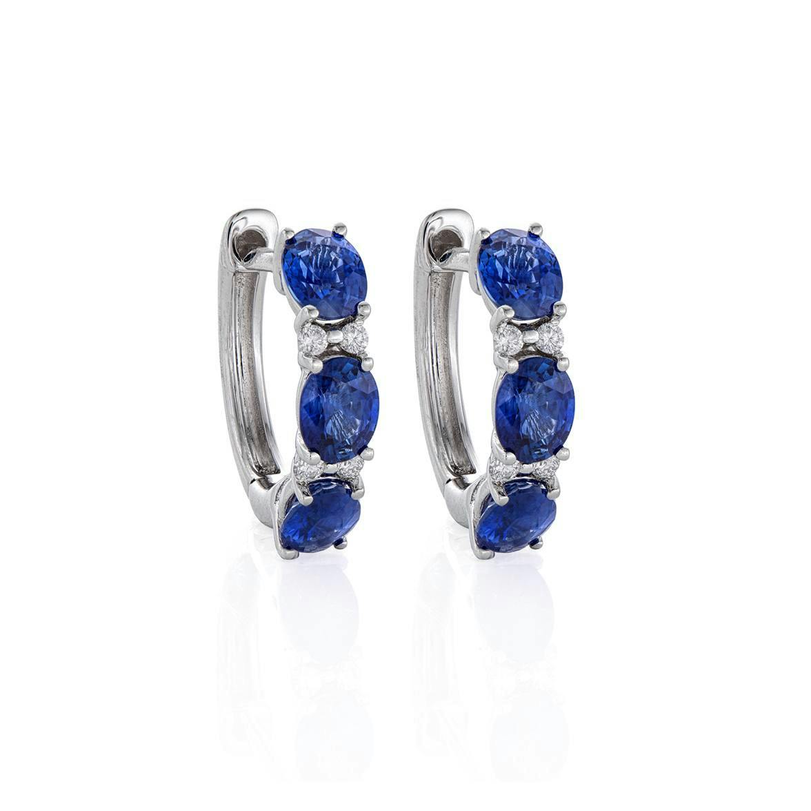 Oval Sapphire Huggie Hoop Earrings with Diamonds 0