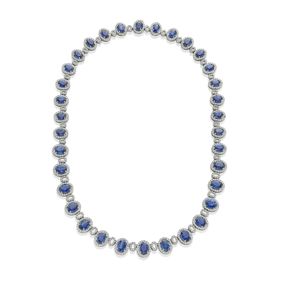 Oval Cut Sapphire and Open Oval Shaped Accent Diamond Necklace