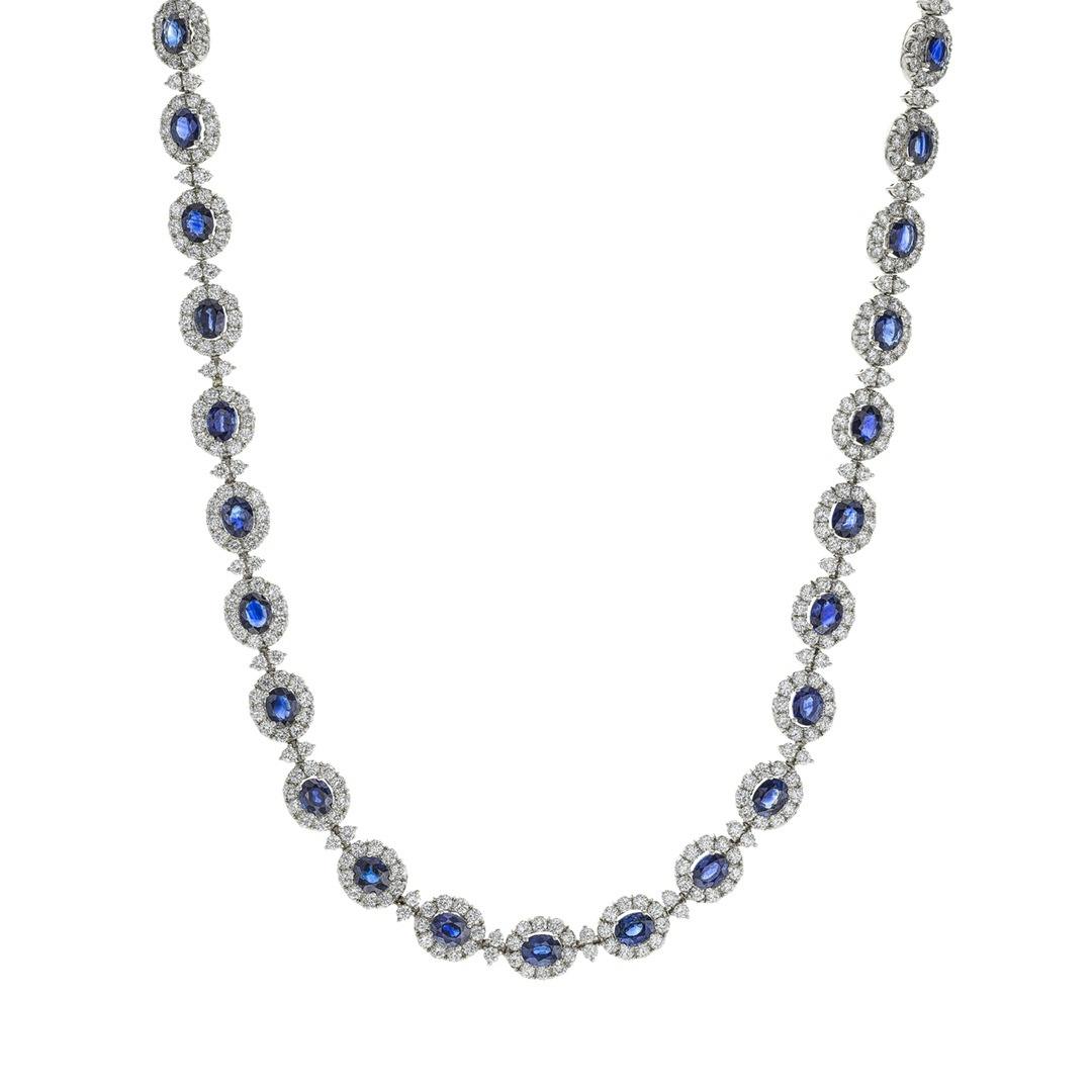 White Gold Oval Sapphire & Round Diamond Halo Necklace