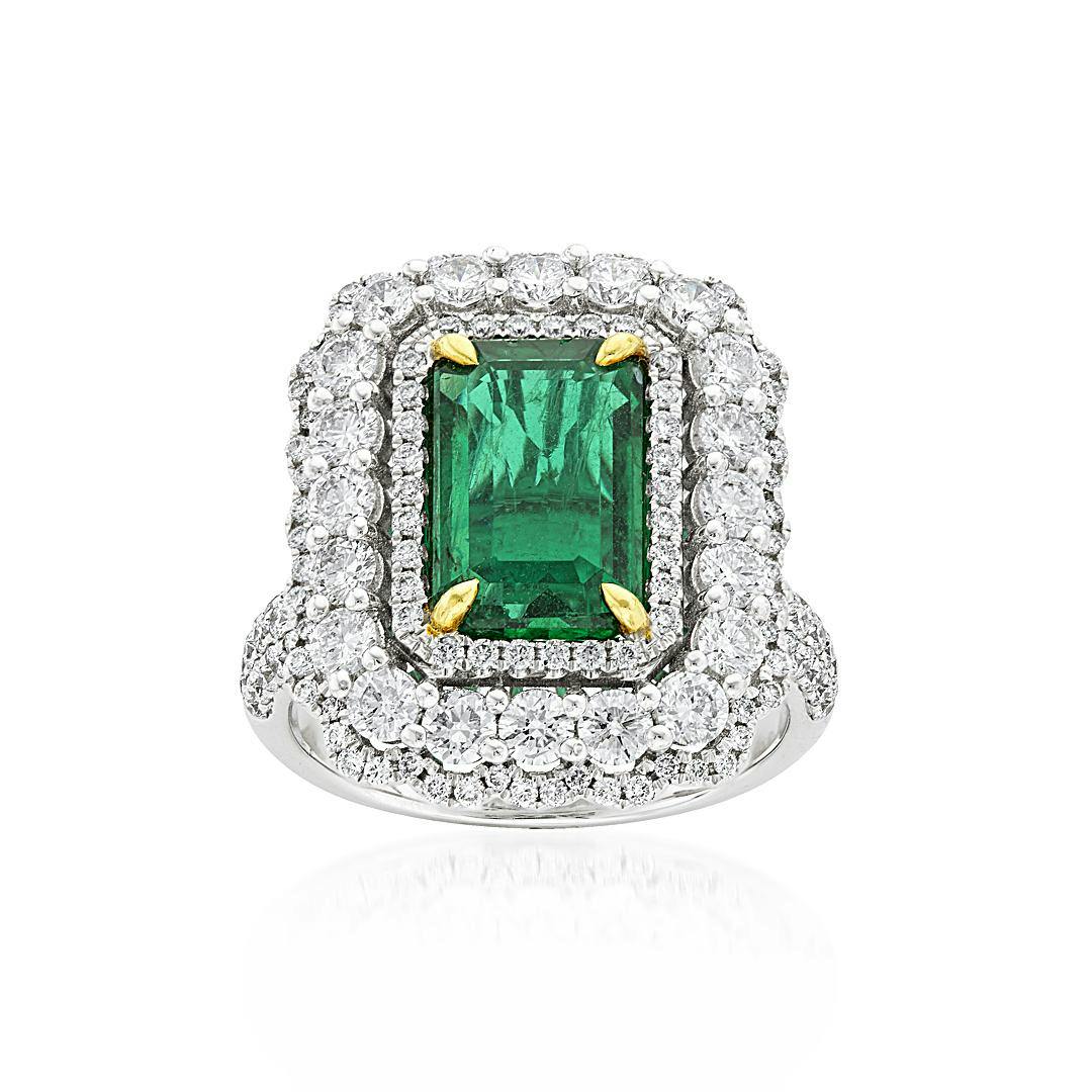 White & Yellow Gold 2.96 Carat Emerald & Diamond Halo Ring