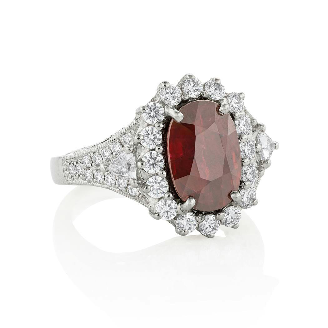3.11 CT Oval Ruby Ring with Round Diamond Accents and Split Shank