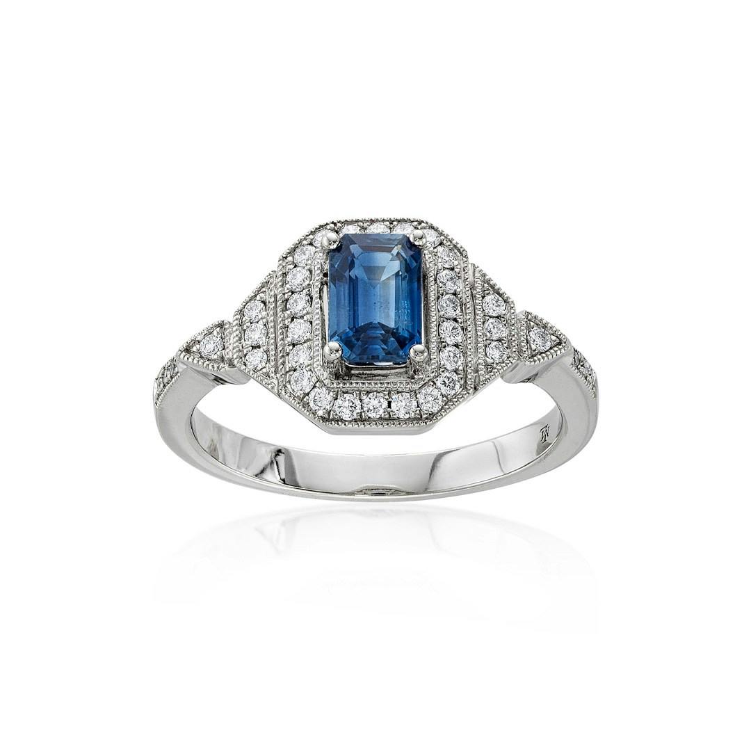Emerald Cut Blue Sapphire & Diamond Halo Ring