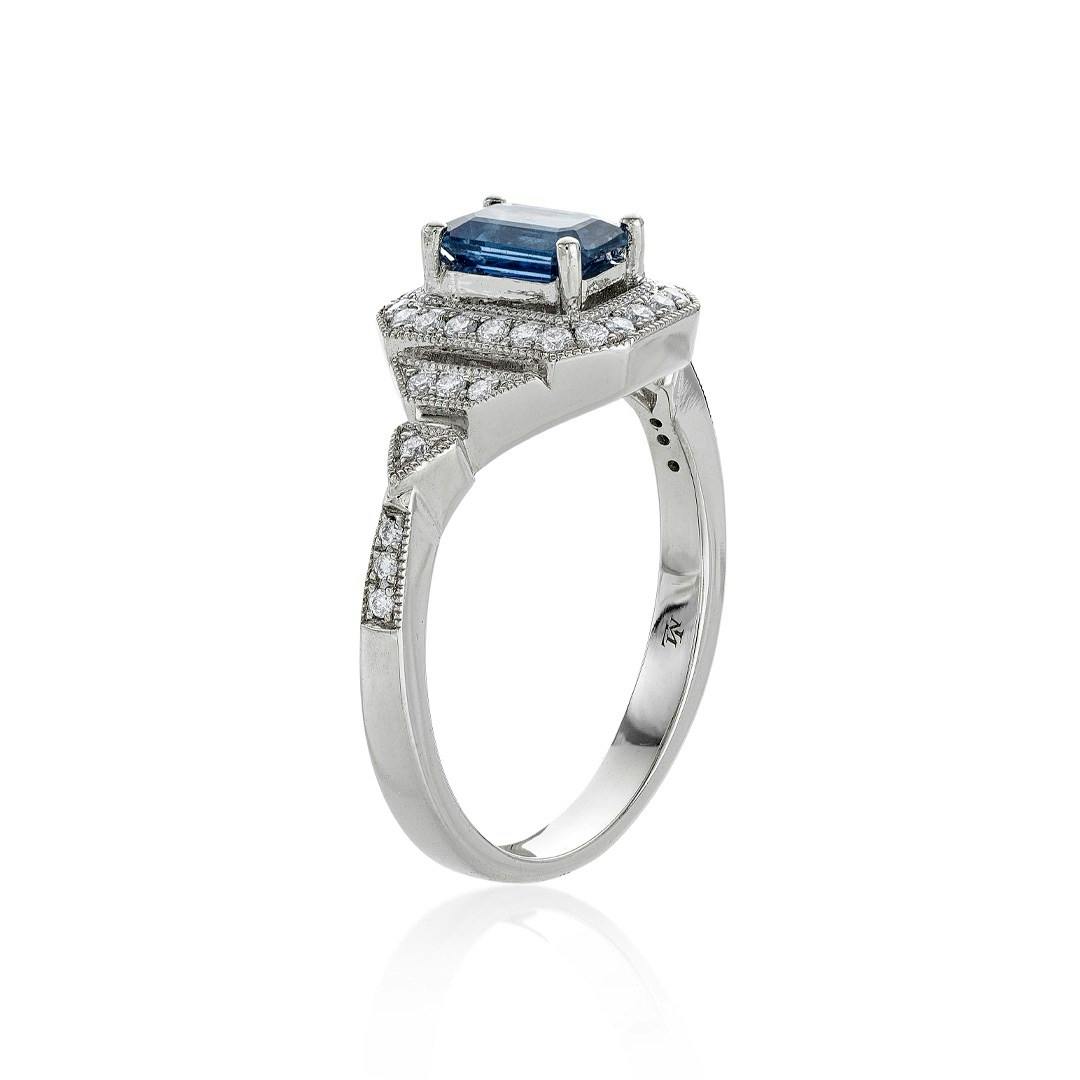 Emerald Cut Blue Sapphire & Diamond Halo Ring 1