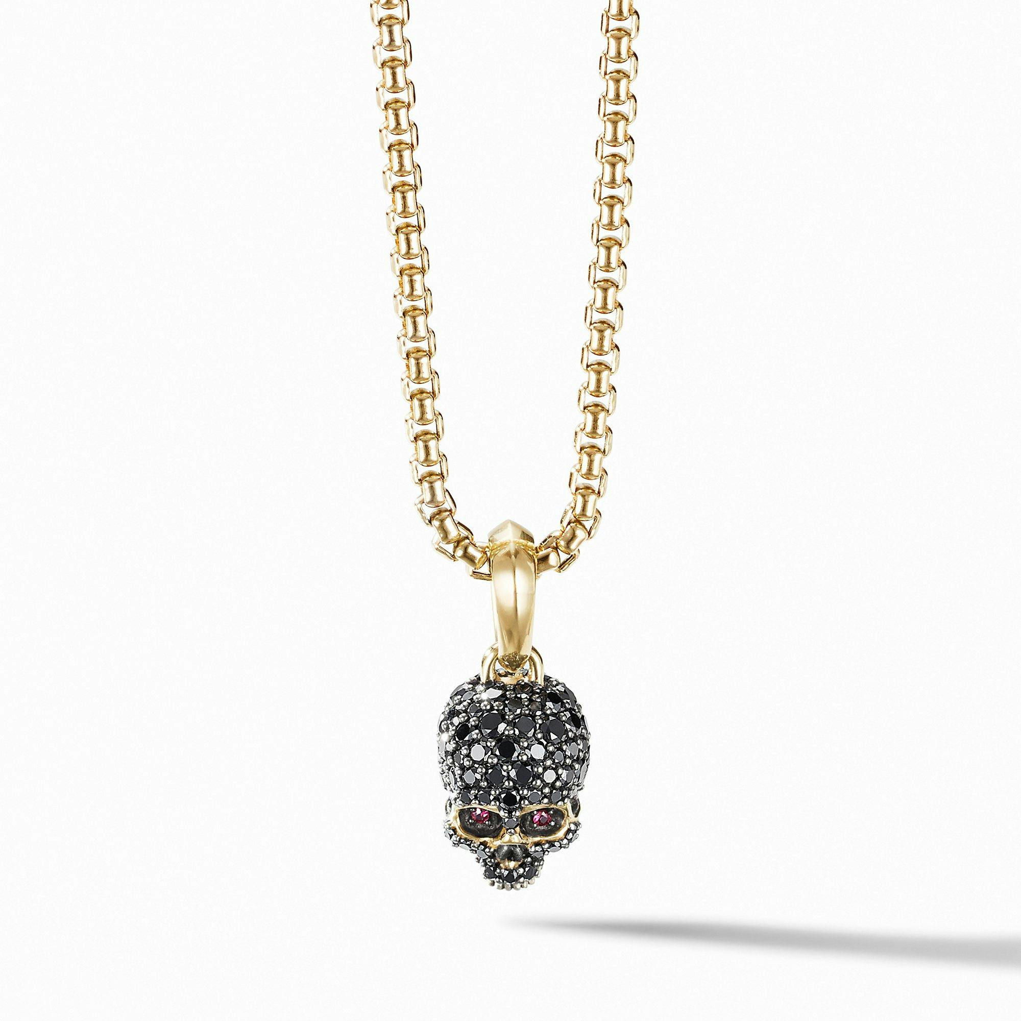 David Yurman Skull Amulet with Full Pave Black Diamonds, Rubies and 18K Yellow Gold | Front View