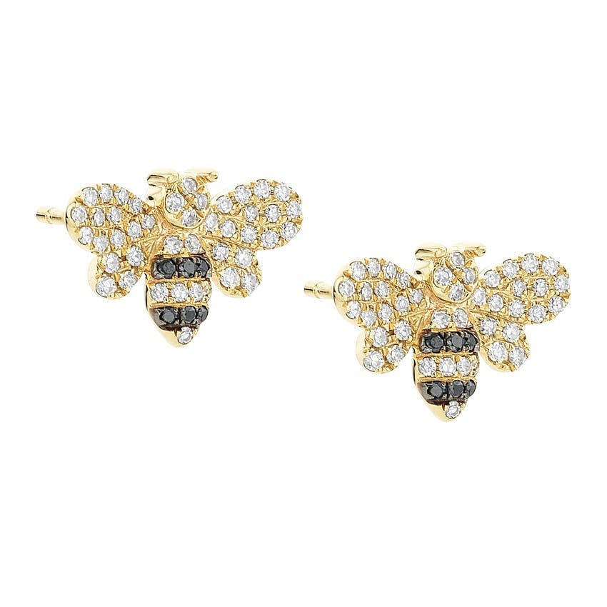 Yellow Gold, Black & White Diamond Bumblebee Post Earrings 0