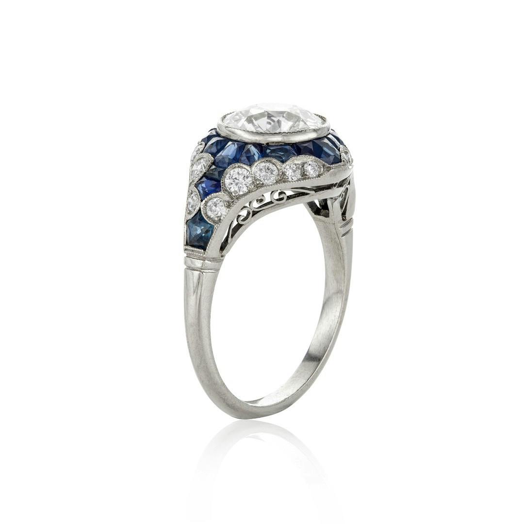 Estate Collection Retro Diamond and Sapphire Platinum Engagement Ring 1