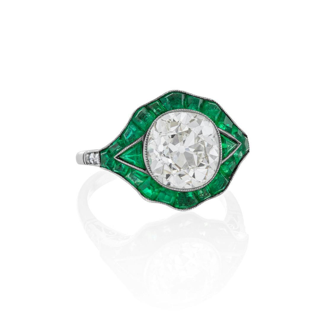 Estate Collection Emerald and Diamond Reproduction Platinum Engagement Ring 1