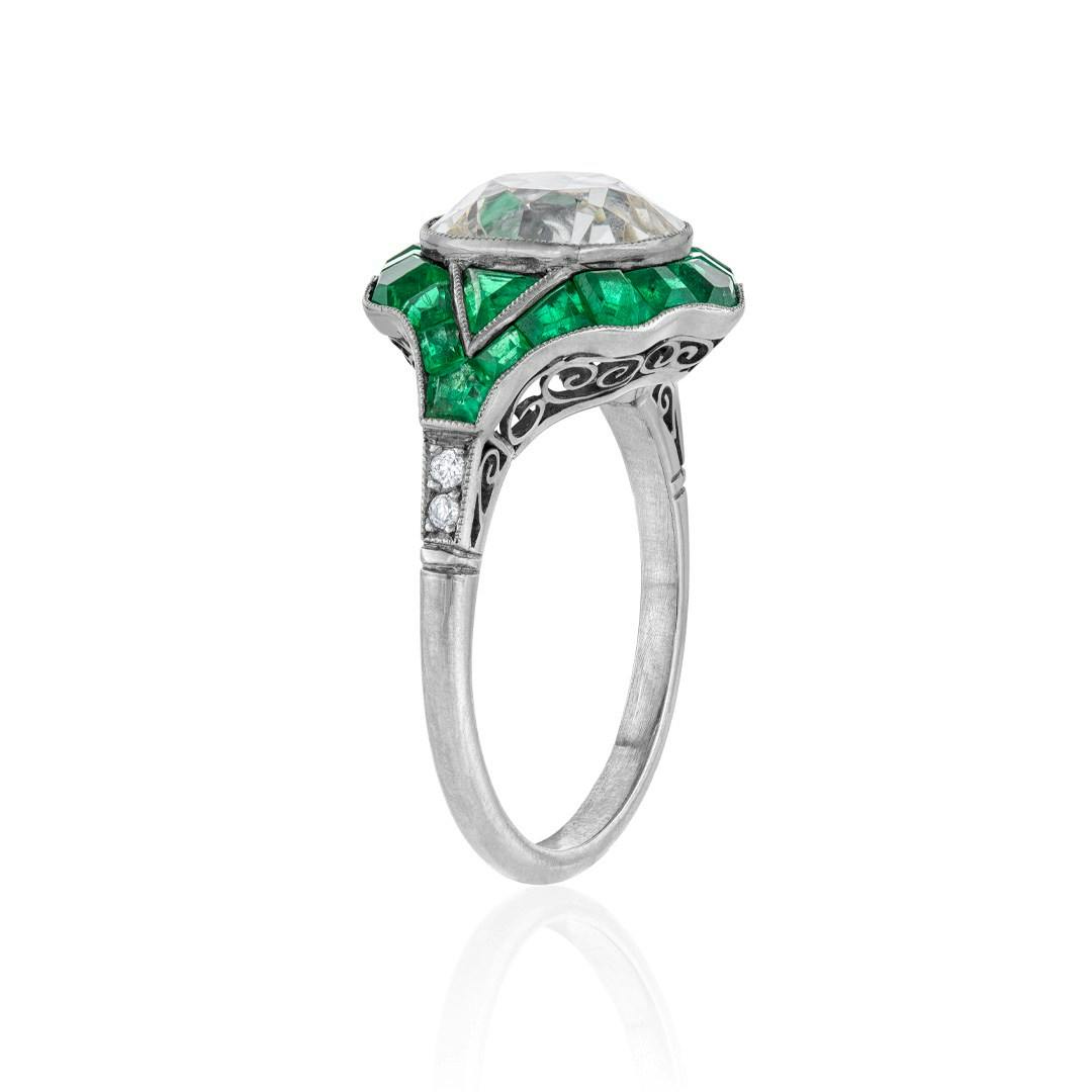 Estate Collection Emerald and Diamond Reproduction Platinum Engagement Ring 2