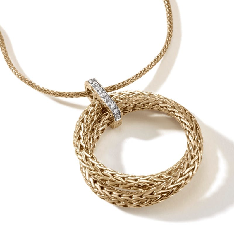 John Hardy 18K Yellow Gold Interlocking Rings Pendant Necklace with Diamonds 2
