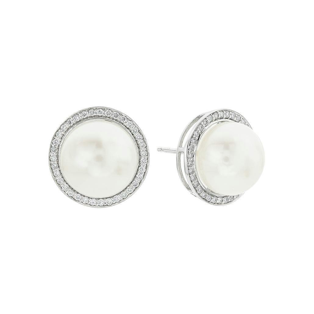 White Gold 9mm Pearl & Diamond Halo Post Earrings 0