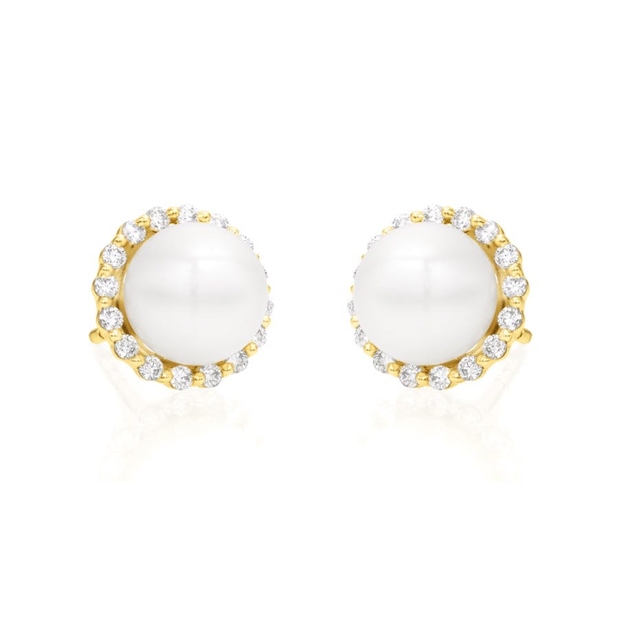 Pearl and Diamond Halo Post Earrings