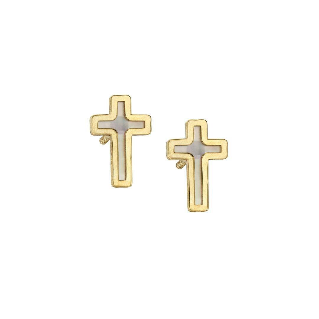 Child's Mother of Pearl Cross Earrings in 14k Yellow Gold