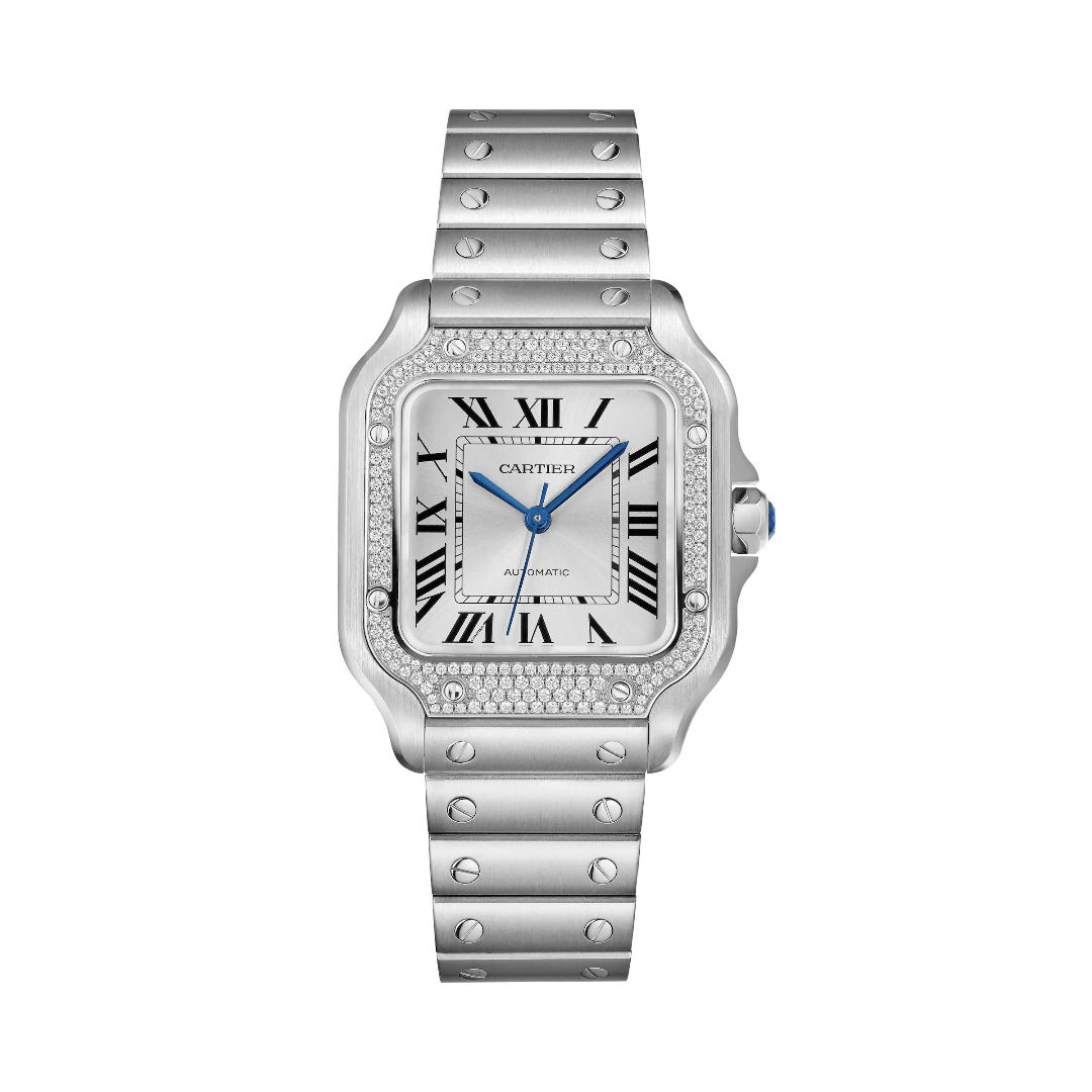 Santos de Cartier Steel Watch with Diamonds, medium model 0