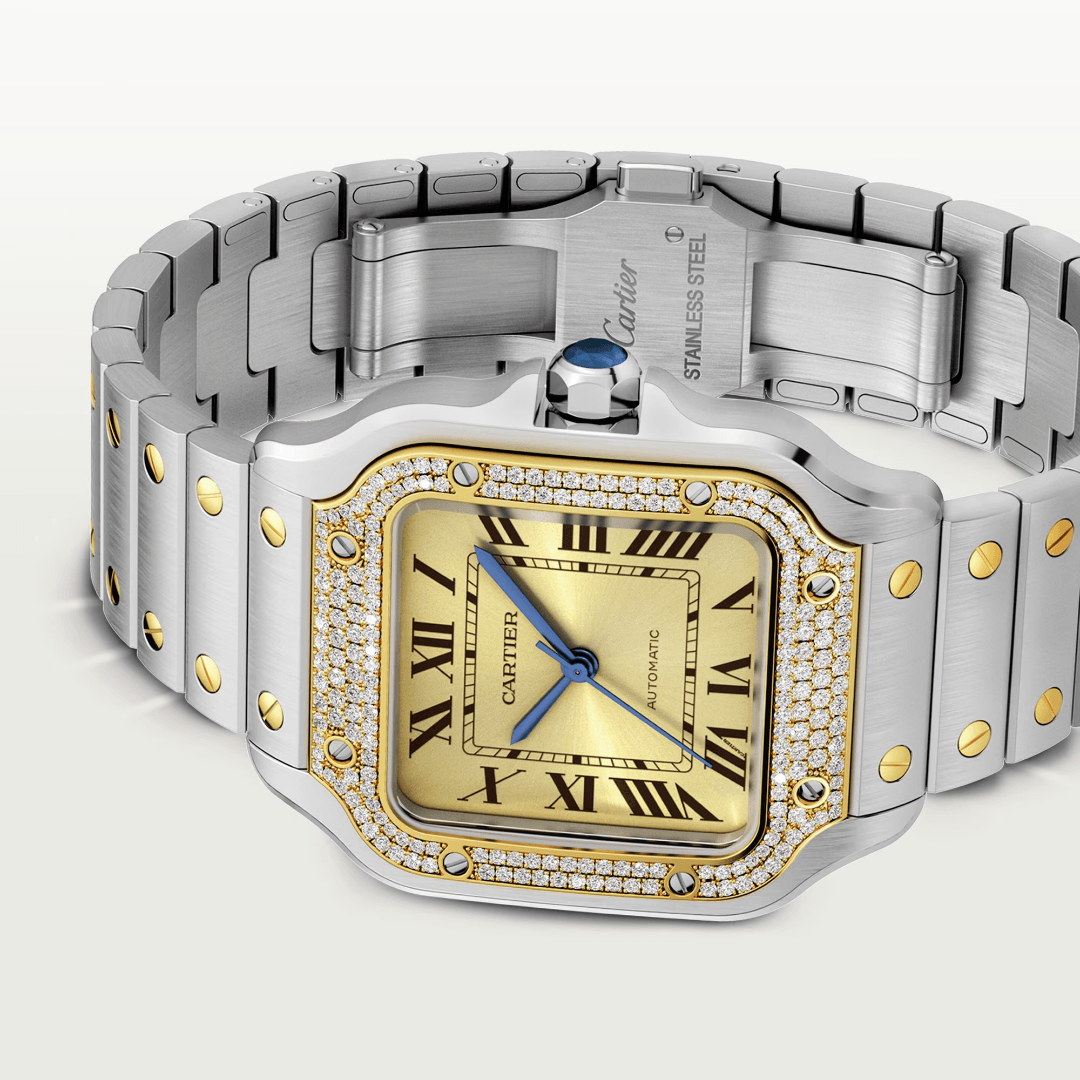 Santos de Cartier Watch in Steel with Yellow Gold and Diamonds, medium model 1