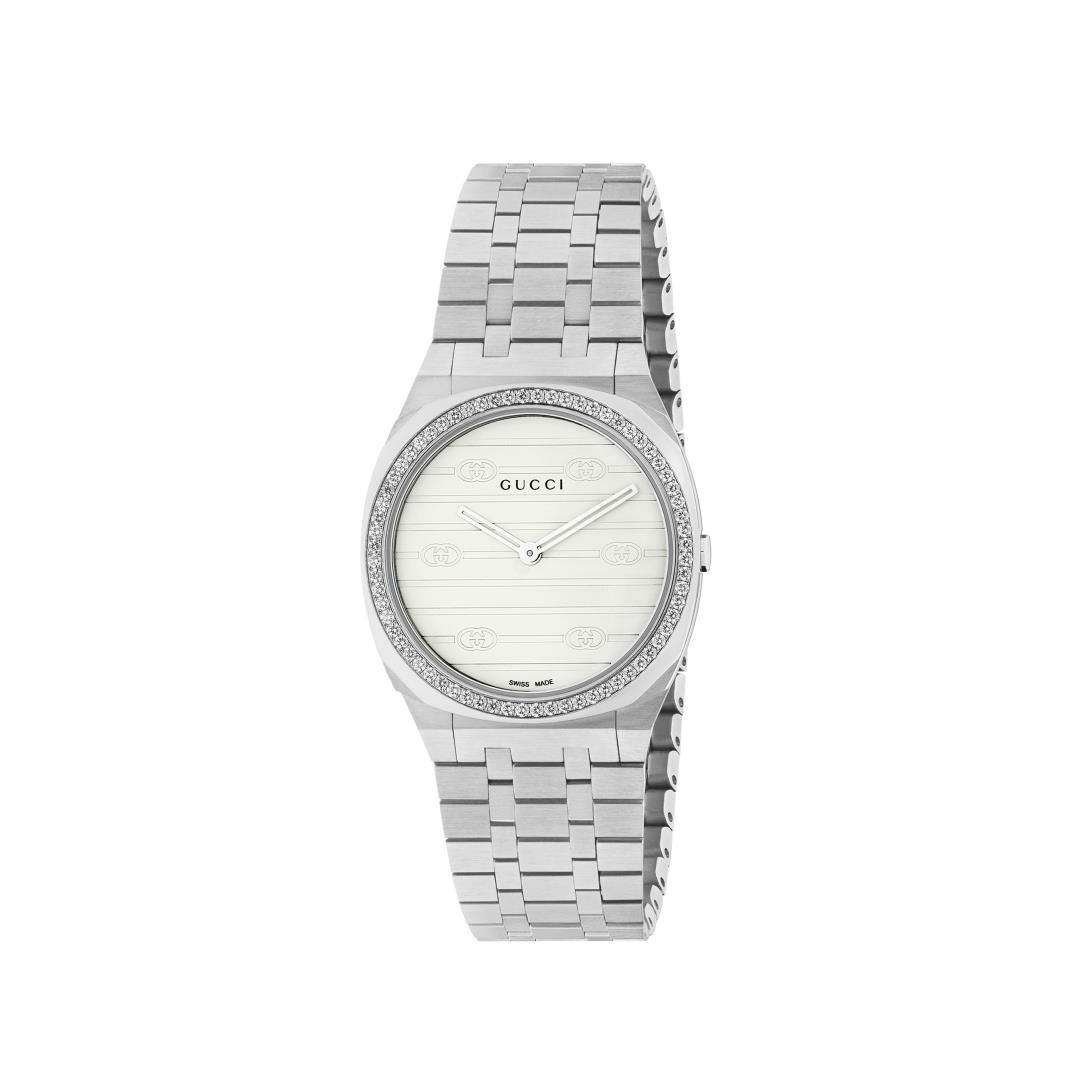 Gucci 25H Polished Steel Dial Watch with Signature G Motif