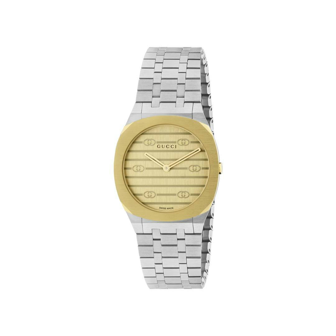 Gucci 25H Polished Brass Steel Dial Watch, 30mm